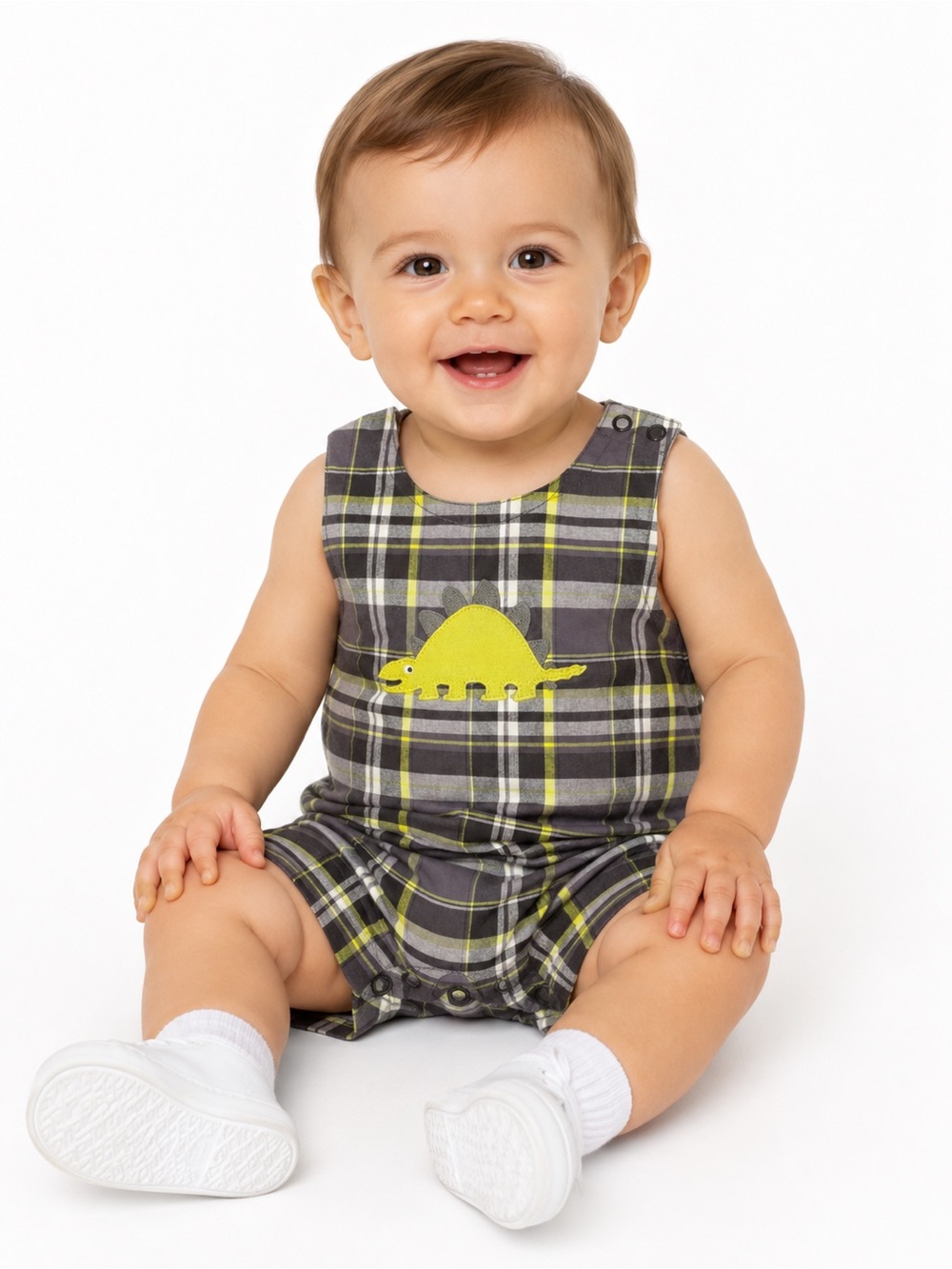 Baby Plaid Dino Romper in Gray and Yellow - 0623